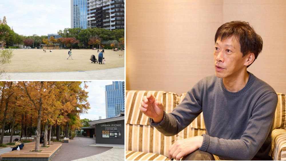 Park-PFI制度を使って東遊園地という公園内に施設を建てて運営するしごとや、湊山小学校（兵庫区）の跡地をつかったNATURE STUDIOという事業などに取り組む村上豪英氏。「地域力を高めるために、何ができるか」と語る