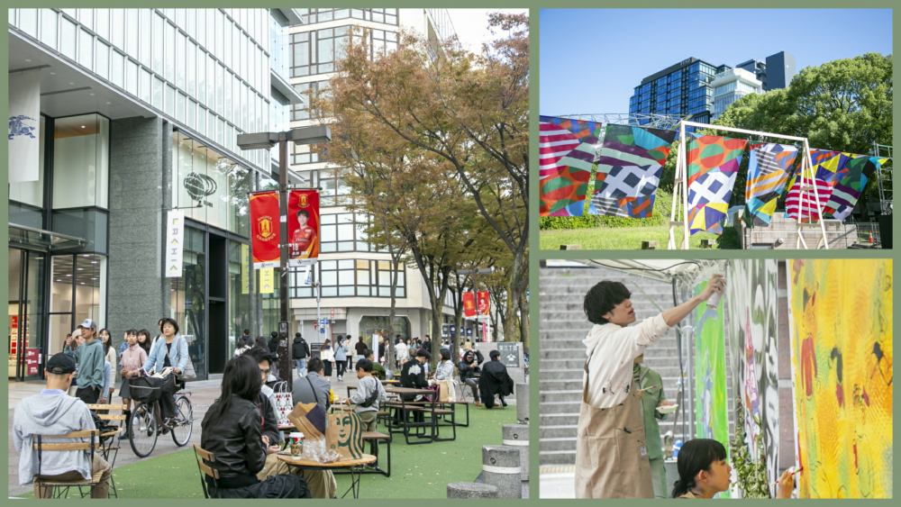 左：公園の沿道（歩道）に設置した「まちなかレストスペース」／右：地元出身アーティストや地元大学生とコラボしたアート空間