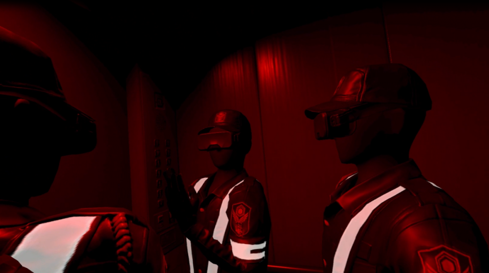 体験者は警備員となりエレベーターで移動する。VR空間内で他の体験者の動きも見えている