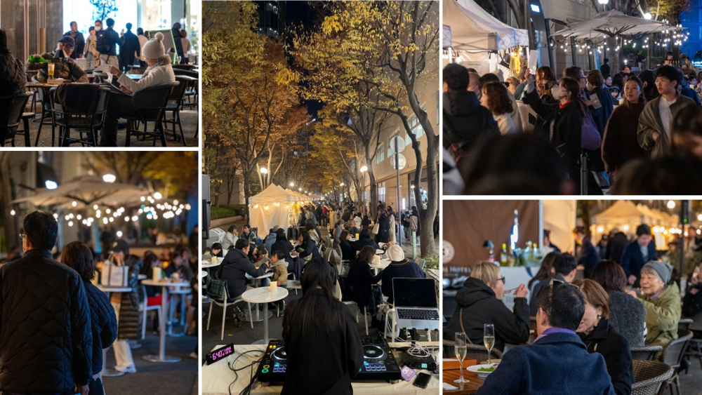 いつもの夜は通り過ぎるだけの道が、並木道と賑わいをライトが照らす特別なテラスになり、多くの方に音楽と食事を楽しんでいただいた