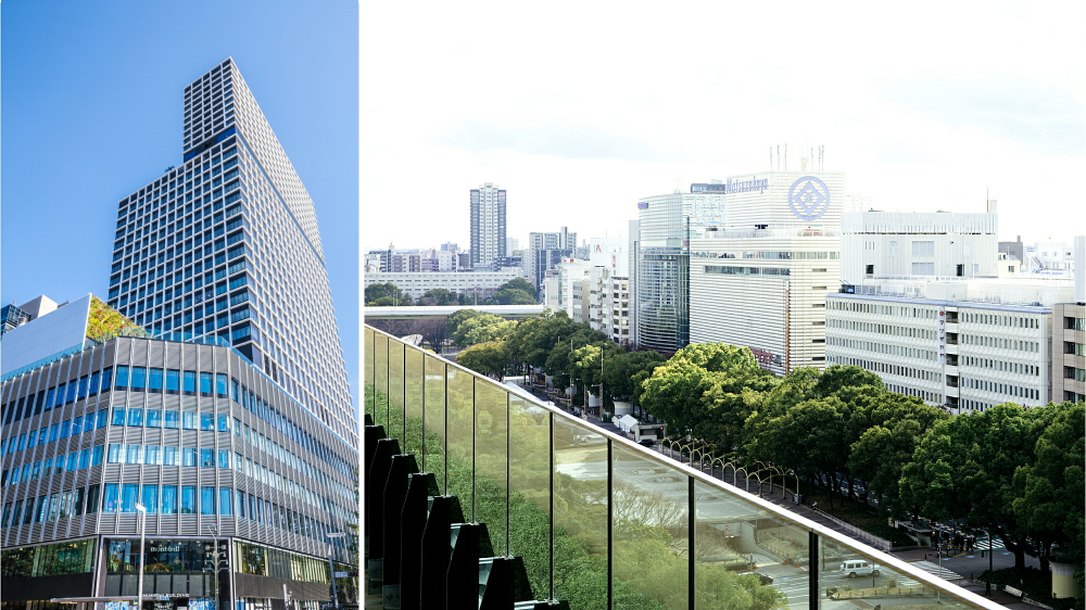 栄の新たなランドマークとして生まれ変わった中日ビル（左）の7階屋上広場から見渡す栄の街。久屋大通公園の向こうに松坂屋名古屋店、名古屋PARCOが並ぶ。
