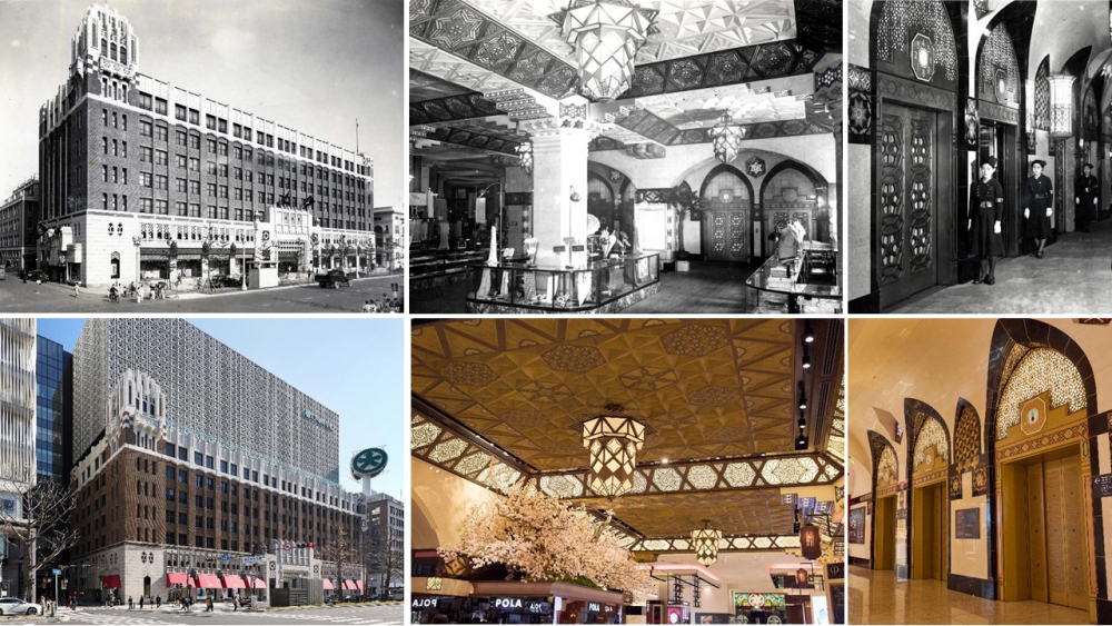 1933年に完成したW.M.ヴォーリズ建築。外観と1階の天井とエレベーターホール。下段は現在の心斎橋店。当時の空間の魅力を今に伝えている
