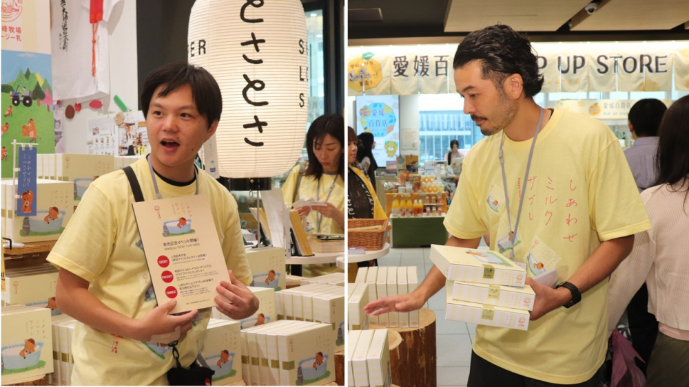 「たとえ時間がかかっても、販路の拡大を着実に進めていくことが必要なフェーズ」と語り合う、稲垣バイヤーと田端バイヤー。大阪KITTEで開催した販促イベントにて