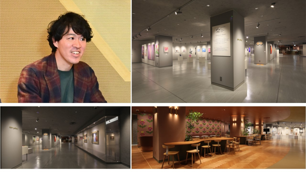 （左上）「まったく新しいアートフロアができたことで、従業員の意識にも変化が生まれました」と語る池田氏　（右上）柱も上手く利用したオープンギャラリー　（右下）アートフロア中央のカフェは、名古屋でも話題の店舗がプロデュース　（左下）二つの画廊も常設スペースとして備えています　（上右　下段　名古屋店提供）